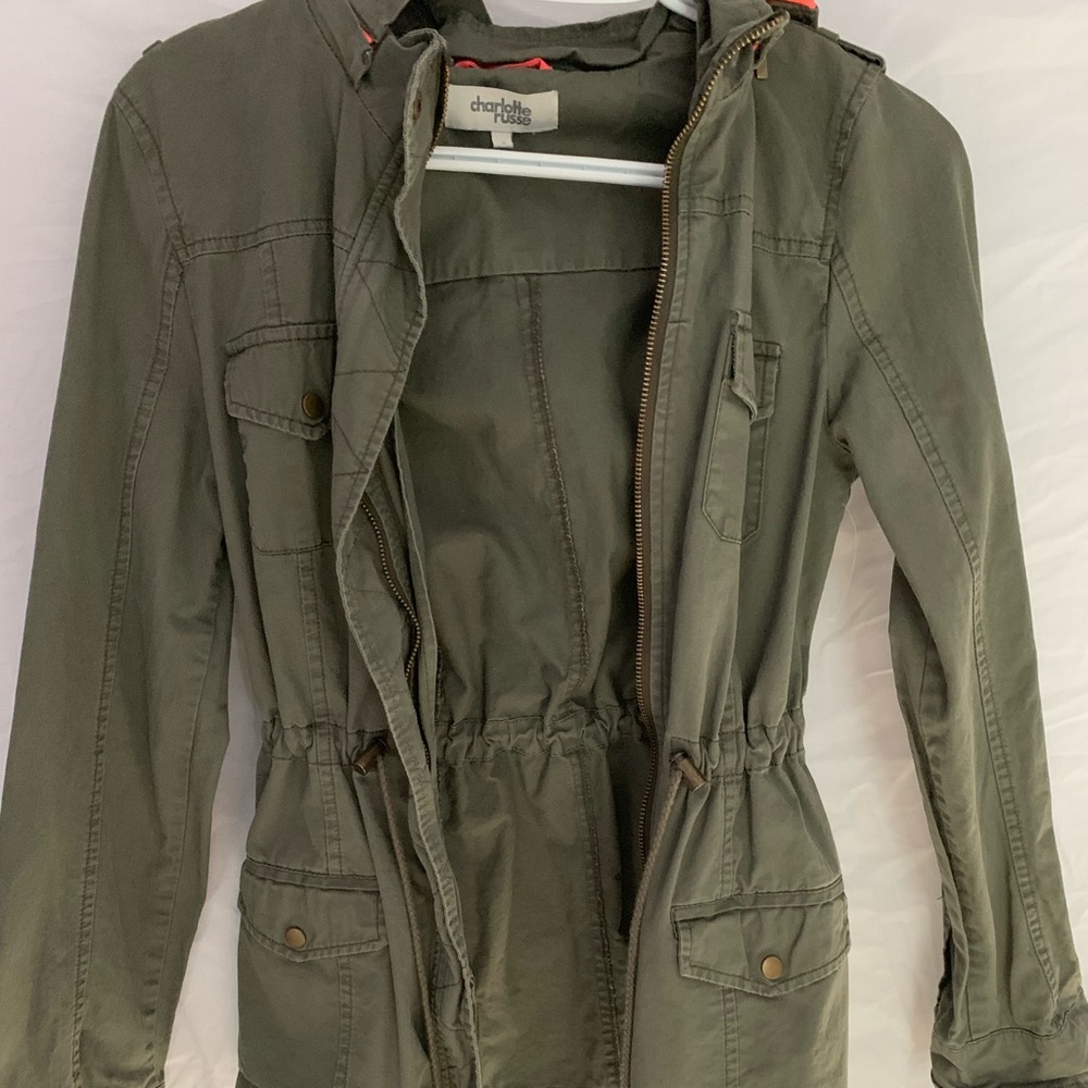 Olive Green Zip Up Jacket, Detachable Hood